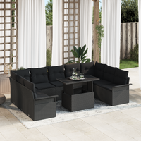10 Piece Garden Sofa Set with Cushions Black Poly Rattan