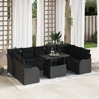 10 Piece Garden Sofa Set with Cushions Black Poly Rattan