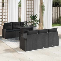 7 Piece Garden Sofa Set with Cushions in Black Poly Rattan