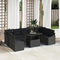 10 Piece Garden Sofa Set with Cushions Black Poly Rattan