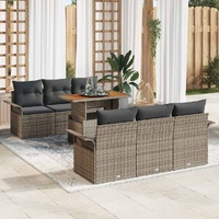 7 Piece Garden Sofa Set with Cushions Grey Poly Rattan Acacia