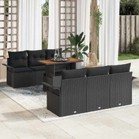 7 Piece Garden Sofa Set with Cushions Black Poly Rattan Acacia