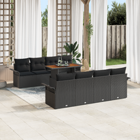 9 Piece Garden Sofa Set with Cushions Black Poly Rattan Acacia