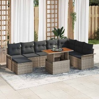 9 Piece Garden Dining Set with Cushions Grey Poly Rattan Acacia
