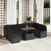 10 Piece Garden Dining Set with Cushions Black Poly Rattan Acacia