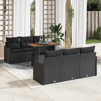 7 Piece Garden Sofa Set with Cushions Black Poly Rattan Acacia