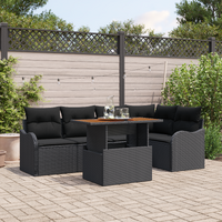 6 Piece Garden Sofa Set with Cushions Black Poly Rattan Acacia