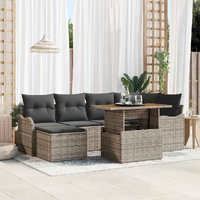 7 Piece Garden Sofa Set with Cushions Grey Poly Rattan Acacia