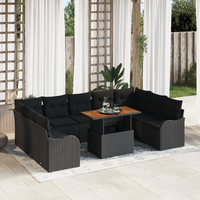 10 Piece Garden Sofa Set with Cushions Black Poly Rattan Acacia