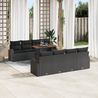 9 Piece Garden Dining Set with Cushions Black Poly Rattan Acacia