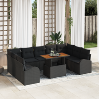 10 Piece Garden Dining Set with Cushions Black Poly Rattan Acacia