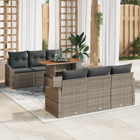 7 Piece Garden Dining Set with Cushions Grey Poly Rattan Acacia