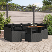 7 Piece Garden Dining Set with Cushions in Black Poly Rattan and Acacia