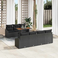8 Piece Garden Dining Set with Cushions Black Poly Rattan Acacia