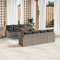 9 Piece Garden Dining Set with Cushions Grey Poly Rattan Acacia