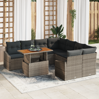 9 Piece Garden Dining Set with Cushions in Grey Rattan and Acacia.
