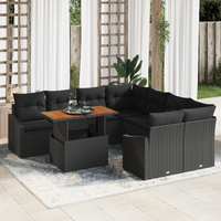 9 Piece Garden Dining Set with Cushions – Black Poly Rattan and Acacia