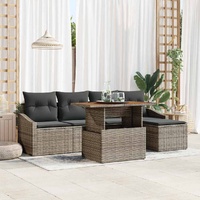 6 Piece Garden Dining Set with Cushions Grey Poly Rattan Acacia