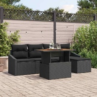 6 Piece Garden Dining Set with Cushions Black Poly Rattan Acacia