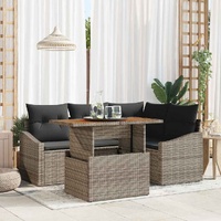 5 Piece Garden Dining Set with Cushions Grey Poly Rattan Acacia