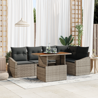 6 Piece Garden Dining Set with Cushions Grey Poly Rattan Acacia
