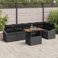 7 Piece Garden Dining Set with Cushions Black Poly Rattan Acacia
