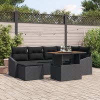 7 Piece Garden Dining Set with Cushions Black Poly Rattan Acacia
