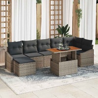 8 Piece Garden Dining Set with Cushions Grey Poly Rattan Acacia