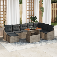 9 Piece Garden Dining Set with Cushions Grey Poly Rattan Acacia