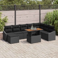 9 Piece Garden Dining Set with Cushions Black Poly Rattan Acacia
