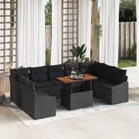 10 Piece Garden Dining Set with Cushions Black Poly Rattan Acacia