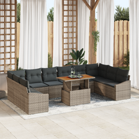 11 Piece Garden Dining Set with Cushions Grey Poly Rattan Acacia