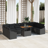 11 Piece Garden Dining Set with Cushions Black Poly Rattan Acacia