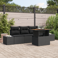5 Piece Garden Dining Set with Cushions Black Poly Rattan Acacia