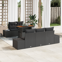 6 Piece Garden Dining Set with Cushions Black Poly Rattan Acacia
