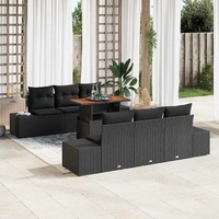 7 Piece Garden Dining Set with Cushions Black Poly Rattan Acacia