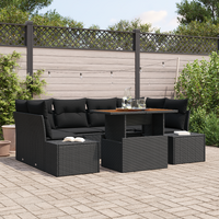 7 Piece Garden Dining Set with Cushions Black Poly Rattan Acacia