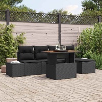 6 Piece Garden Dining Set with Cushions Black Poly Rattan Acacia