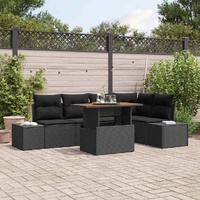 6 Piece Garden Dining Set with Cushions Black Poly Rattan Acacia