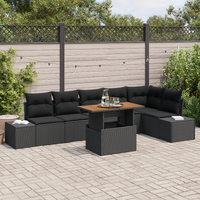 7 Piece Garden Dining Set with Cushions Black Poly Rattan Acacia