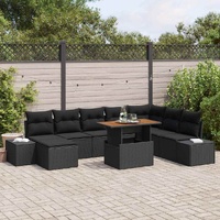 9 Piece Garden Dining Set with Cushions Black Poly Rattan Acacia
