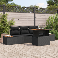 5 Piece Garden Dining Set with Cushions Black Poly Rattan Acacia