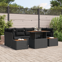 7 Piece Garden Dining Set with Cushions Black Poly Rattan Acacia