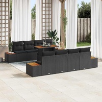 9 Piece Garden Dining Set with Cushions Black Poly Rattan Acacia