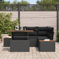 5 Piece Garden Dining Set with Cushions Black Poly Rattan Acacia