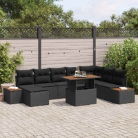 9 Piece Garden Dining Set with Cushions Black Poly Rattan Acacia