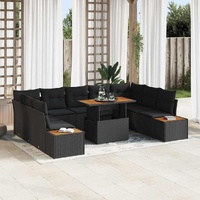 10 Piece Garden Dining Set with Cushions Black Poly Rattan Acacia