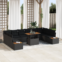 11 Piece Garden Dining Set with Cushions Black Poly Rattan Acacia
