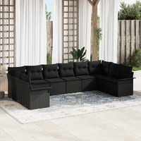 10 Piece Garden Sofa Set with Cushions Black Poly Rattan