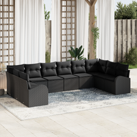 10 Piece Garden Sofa Set with Cushions Black Poly Rattan